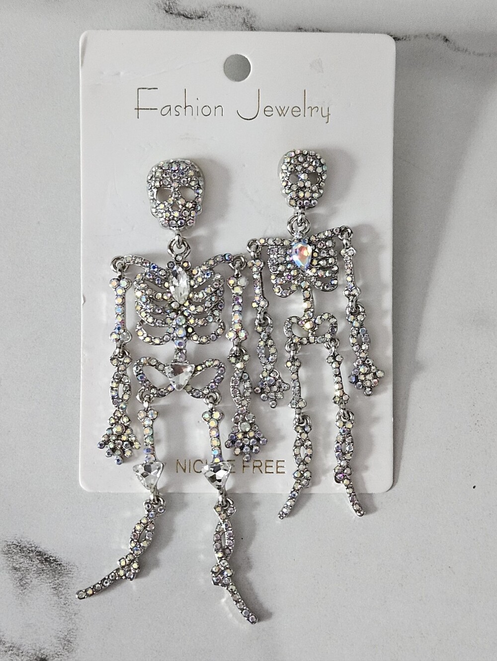 Rhinestone Skeleton Mis-Matched Dangle Earrings (3"&4")